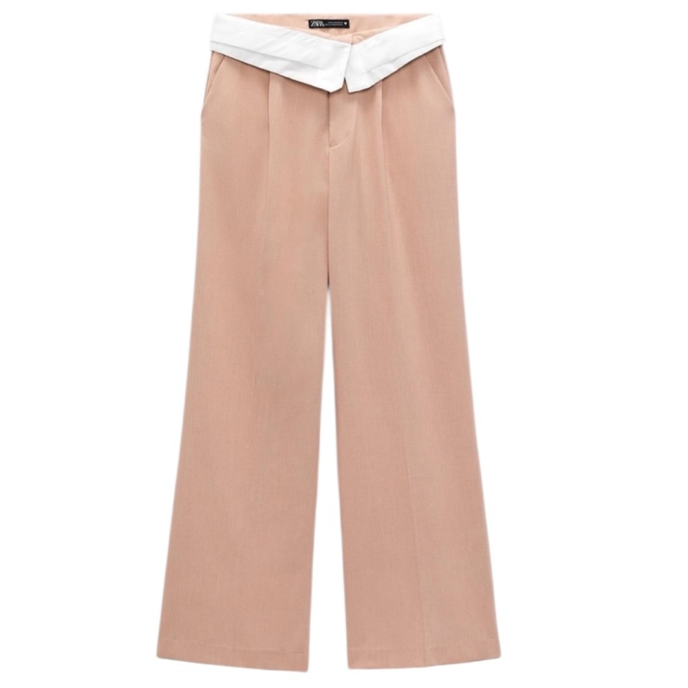 Zara Blush Wide-Leg Pants with White Foldover Waistband